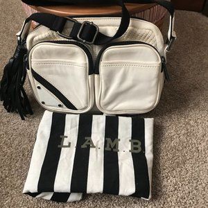 L.A.M.B. White w/Black Zippers Leather Crossbody Bag, Adjustable Strap, Dust Bag